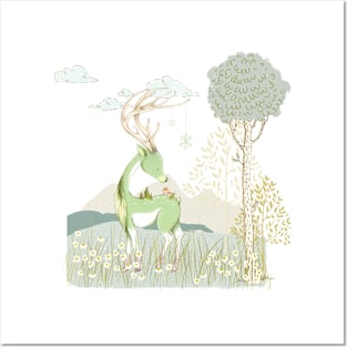 Whimsical forest deer and tiny village Posters and Art